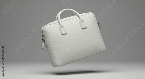 Elegant White Leather Briefcase Floating Against a Neutral Gray Background
