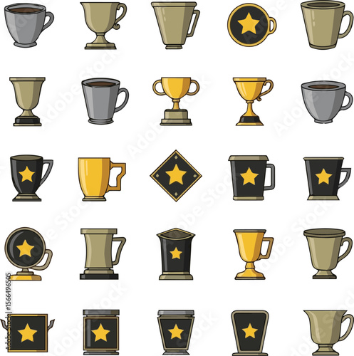 Create  a kinds of deferent troffi cup, coffee, drink, vector, set, tea, symbol, glass, mug, icons, illustration, beer, beverage, vector art with white background.