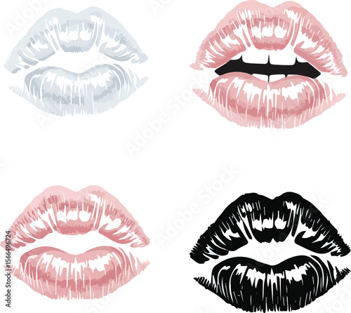 Create a kinds of deferent lips mouth, kiss, lipstick, vector, love, teeth, lip, smile, illustration, beauty, woman, print, red, makeup, pink, art, desire, face, cosmetic vector art white background.