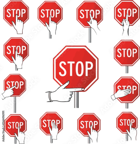 Create a kinds of deferent Set stop red sign icon with white hand vector art with white background.