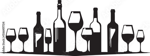 Create a kinds of deferent Set wineglass and bottles icon, logo, sign, emblem vector art with white background.