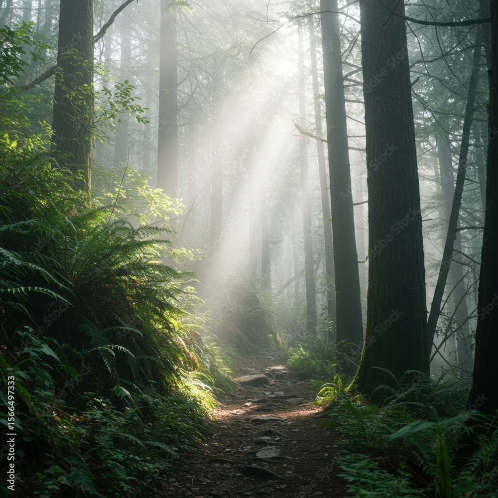 Fototapeta premium Sunbeams Through Foggy Forest Path