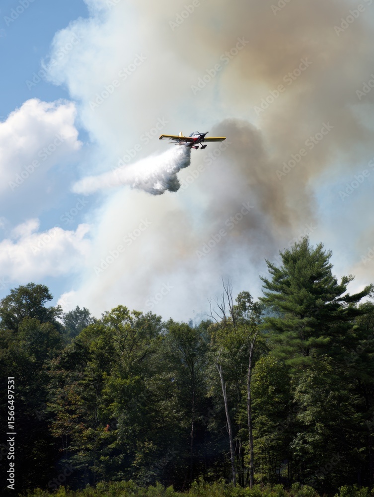 Fototapeta premium A plane flying over a forest filled with smoke