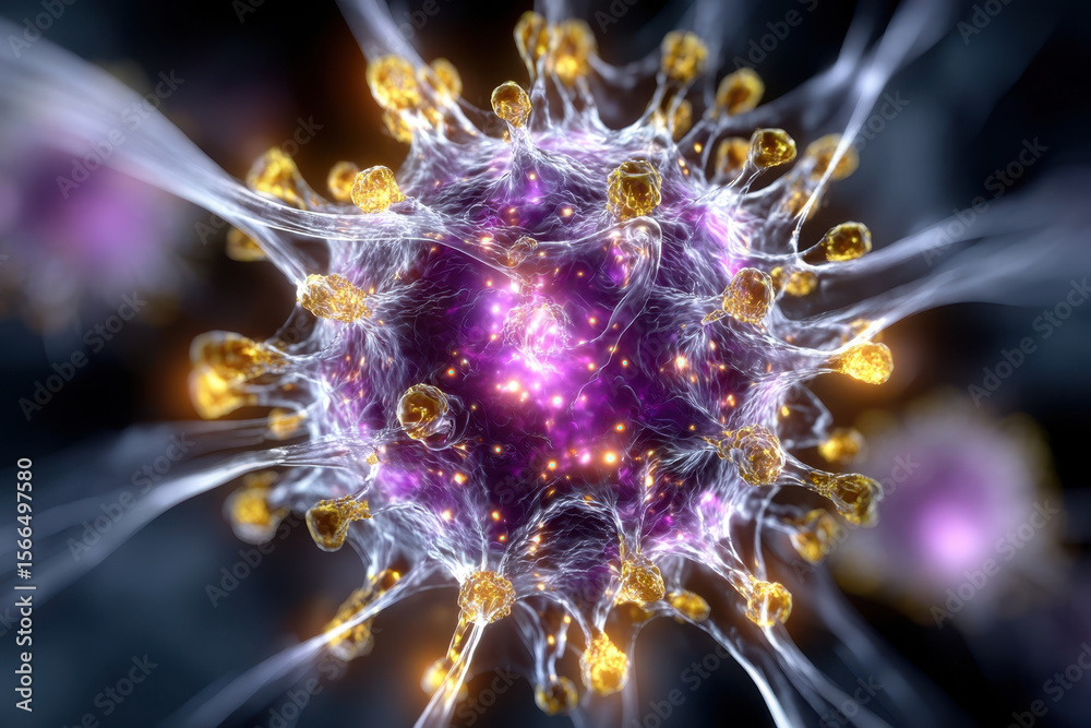 Obraz premium Explore the intricate structure of a virus with vibrant, detailed visualization of its components