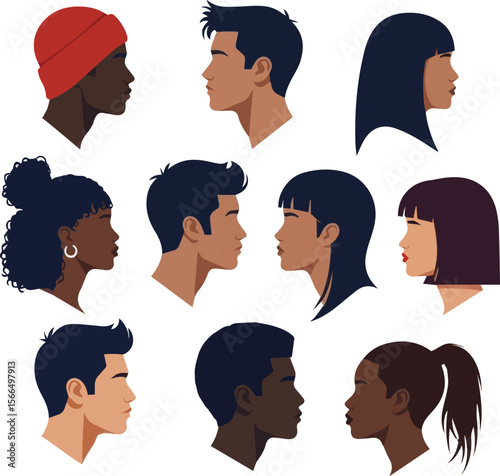 Create a kinds of deferent face, vector, hair, cartoon, head, people, icon, avatar, vector art with white background.