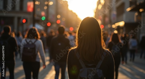 A woman walks a city street during a vibrant sunset creating a sense of anonymity and golden warmth