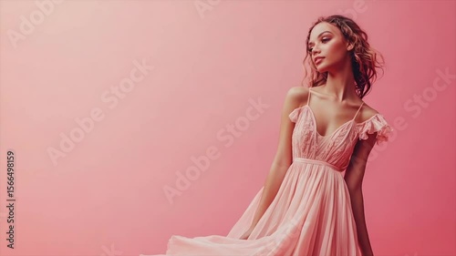 Elegant woman in a flowing pink dress against a pink background