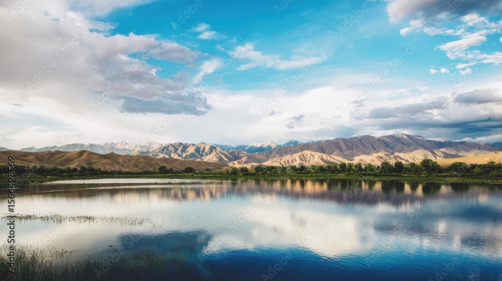 Fototapeta premium A large body of water with mountains in the background