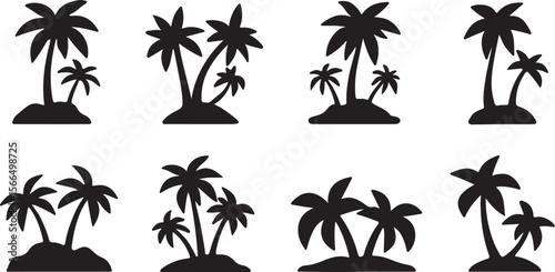Black palm trees on islands tropical silhouette