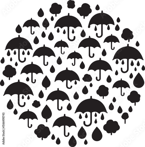 Black umbrellas and raindrops pattern weather protection