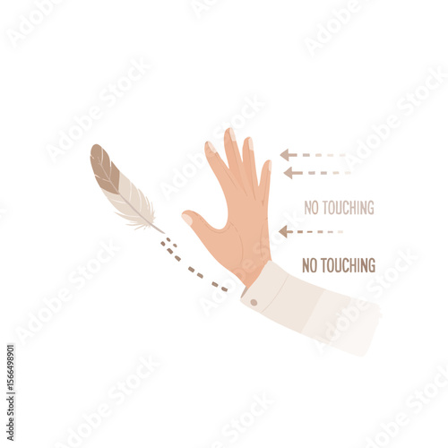 Hand Reaching Toward Feather, Mid-Motion Pause, Flat Vector