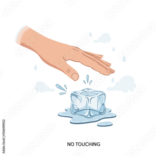 Hand Hovering Over Melting Ice Cube with Mist Accents, Flat Calm Vector