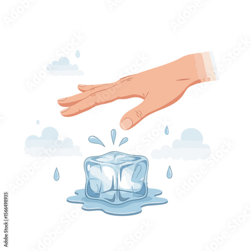 Hand Hovering Over Melting Ice Cube with Mist Accents, Flat Calm Vector