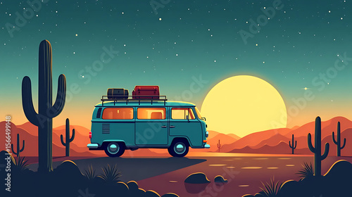Retro Camper Van On Desert Road With Cactus Silhouettes Under Starry Sky In Minimal Vector Art