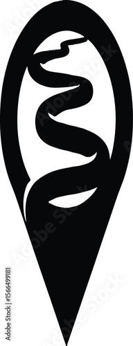 A black medical pin location marker with a snake symbol on a white isolated background in a minimalist style