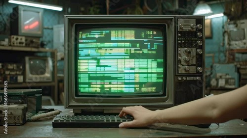 Vintage Television Set with Flickering Screen in Antique Shop Surrounded by Retro Electronics and Nostalgic Decor