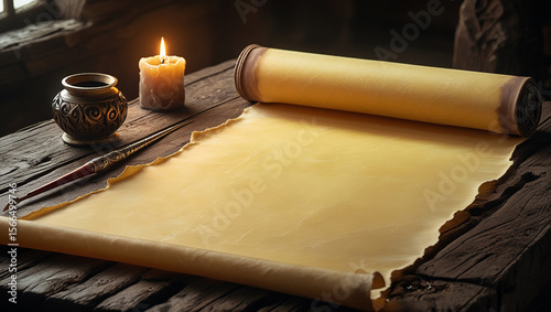 Antique Scroll on Wooden Table with Candlelight and Quill