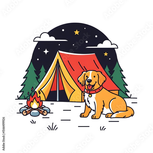 Joyful dog camping under the stars near a tent, animated style featuring nature, campfire, and serene night scene.