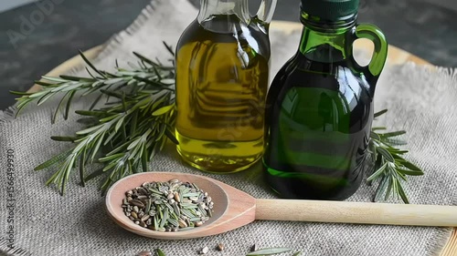 Fresh herbs and oils on a rustic kitchen table.