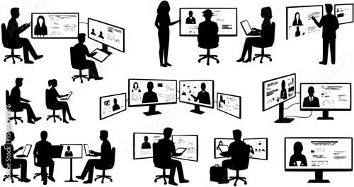 Silhouette of Person Attending Virtual Conference with Multi Screens
