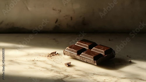 Dark chocolate bar on marble, partially broken, with crumbs scattered nearby, illuminated by sunlight