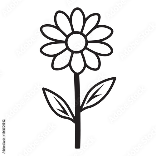 Simple black outline drawing shows a stylized daisy with leaves on a stem