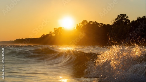 A sunset over the ocean with the sun setting behind the waves