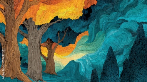 A painting of trees in the middle of a forest
