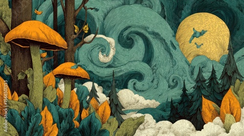 A painting of a forest scene with mushrooms and trees