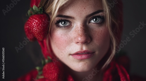 A woman with freckles and a strawberry on her head