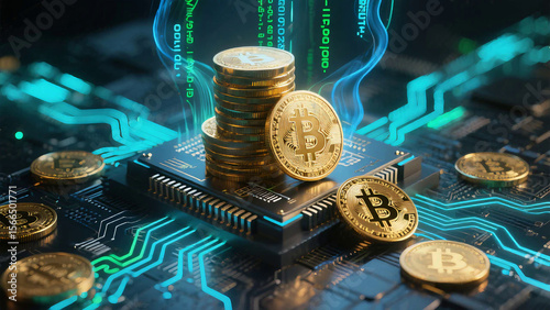 Stacked golden Bitcoin coins on a glowing microchip, symbolizing cryptocurrency mining, blockchain technology, and futuristic digital finance in a high-tech environment.