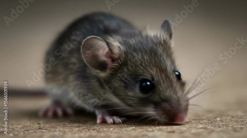 Close up of a small house mouse with black eyes. Rodent animal with fur, whiskers, and tiny paws, realistic detail clip.