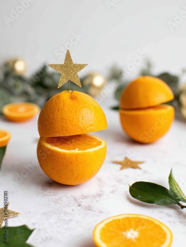 An orange with a gold star on top of it