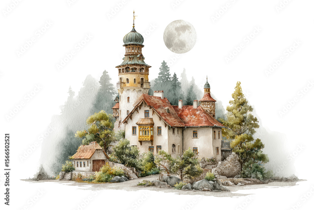 Fototapeta premium PNG Charming castle with moonlit tower in serene forest setting