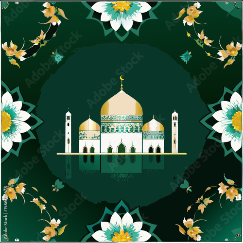 Golden mosque and floral pattern on green background. Islamic