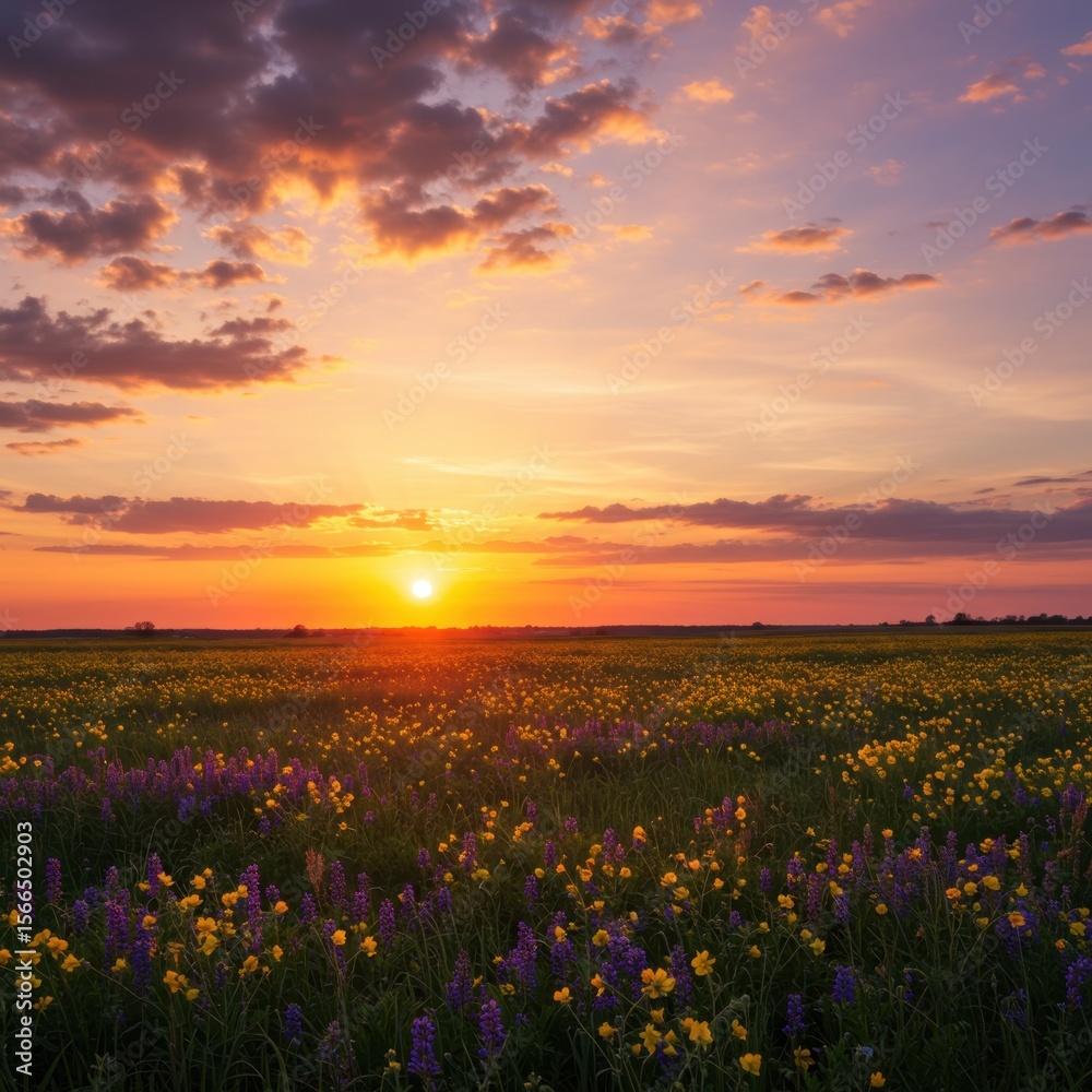 Obraz premium Vibrant Sunset over a Wildflower Field