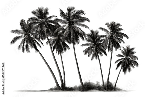 PNG Cluster of tall swaying palm trees on a rocky beach shoreline
