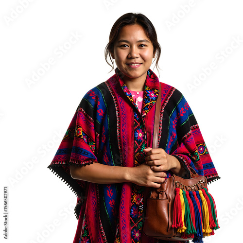Colombian woman wearing ruana poncho  holding traditional bag smiling gently Authentic indigenous attire against white background