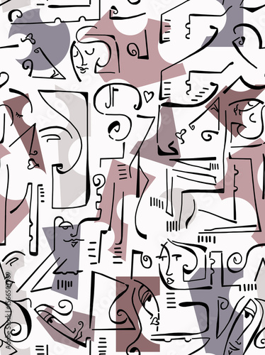 Abstract drawing of women's faces with black lines on a colored background.Seamless pattern.