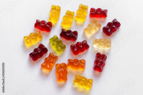 Colorful different Haribo gummy bears on white background