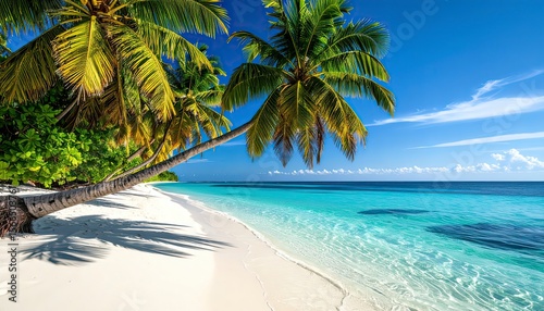 Fototapeta Naklejka Na Ścianę i Meble -  Tropical Paradise: Palm Trees over White Sand Beach in Maldives