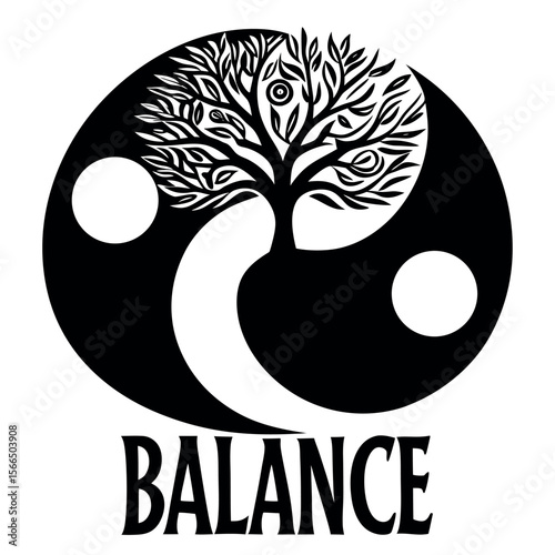 Yin and Yang Balance Symbol: The ancient concept of balance is beautifully represented with a tree growing within a Yin and Yang symbol, signifying harmony and equilibrium.