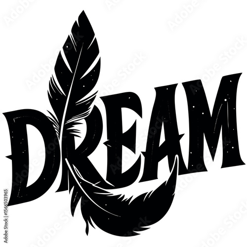 Dreamy Vision: A monochromatic illustration of the word "DREAM" intertwined with delicate feather accents, evoking a sense of aspiration, fantasy, and inner reflection. 