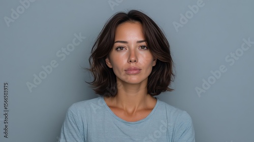 Confident Woman with Natural Beauty Against a Soft Gray Background