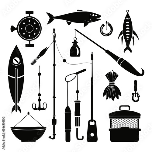Perfect Vector Collection Of Fishing Tools Silhouettes For Use Graphics Websites And Apps Designs On White Background