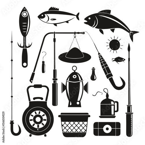Perfect Vector Collection Of Fishing Tools Silhouettes For Use Graphics Websites And Apps Designs On White Background