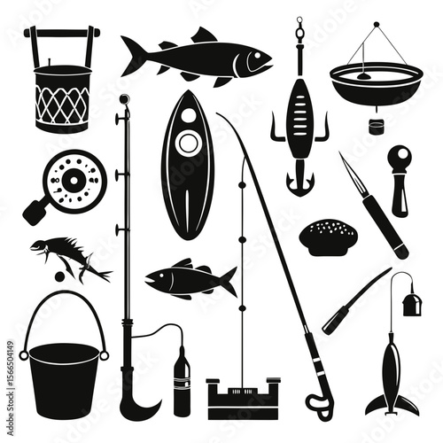 Perfect Vector Collection Of Fishing Tools Silhouettes For Use Graphics Websites And Apps Designs On White Background