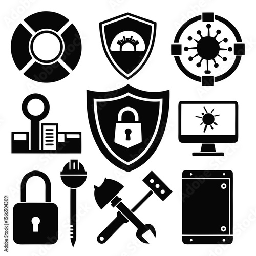  Perfect Vector Collection Of Security Tools Silhouettes For Use Graphics Websites And Apps Designs On White Background