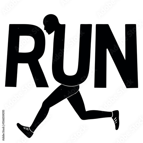 Run Illustration: An illustration of a figure seamlessly integrated into the word "RUN", symbolizing dynamic movement and energetic motion, representing athleticism and endurance. 