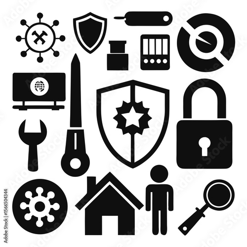  Perfect Vector Collection Of Security Tools Silhouettes For Use Graphics Websites And Apps Designs On White Background